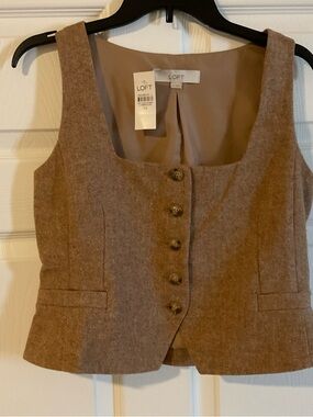 LOFT Tan Brown Herringbone Button-Front Vest